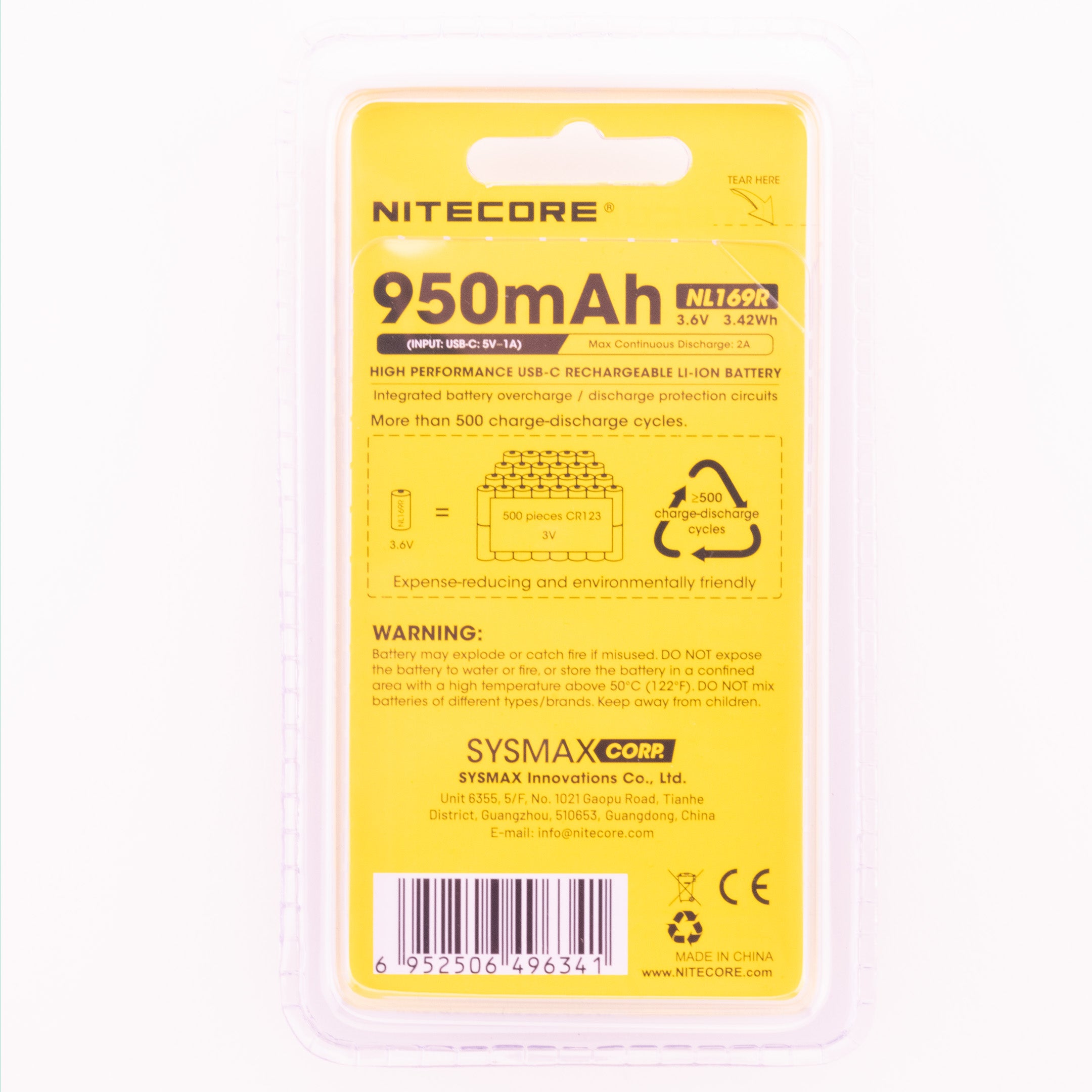 Nitecore NL169R 16340 950mAh Battery - Protected Button Top